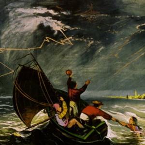 partial view of the first panel of the Garibaldi Panorama, depicting two figures in a small boat at sea during a storm